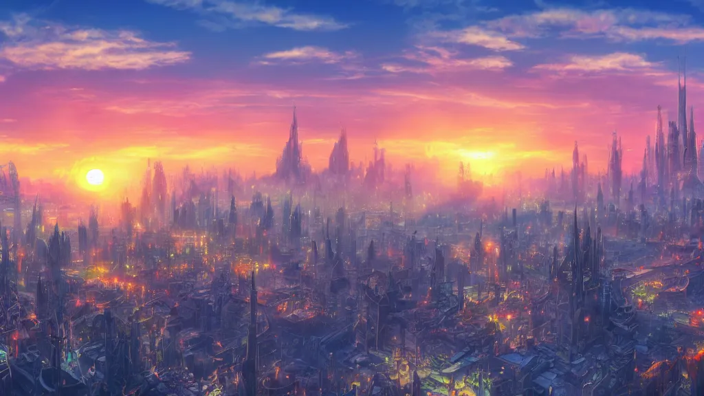 Prompt: sunrise over a fantasy city