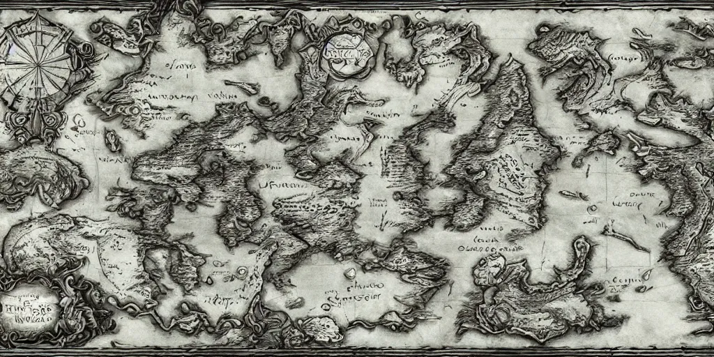 Prompt: fantasy world map, hand drawn, hyperrealistic, hd 4 k, artstation