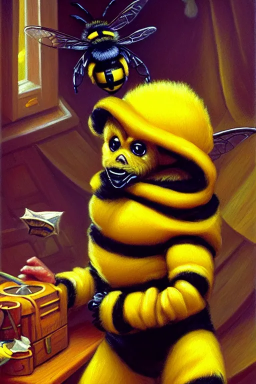 Prompt: classic oil painting, an adorable little bumble bee, as a dnd character, inside a cluttered bedroom, cute, cottagecore, highly detailed, digital illustration, concept art, smooth, sharp focus, art by tim hildebrandt, and greg hildebrandt