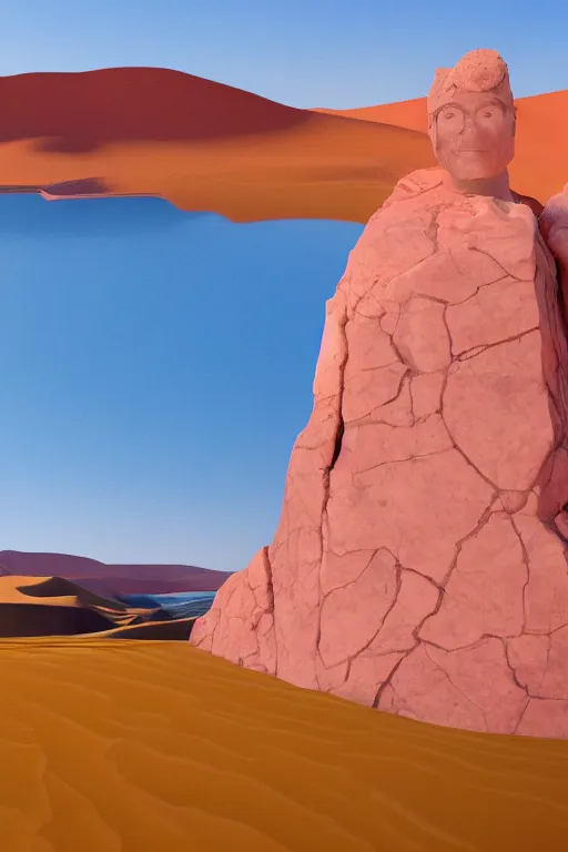 Prompt: a vast desert valley in the style of david hockney with a marble statue of an ideal human in the middle of the foreground, oil painting, raytracing, 8 k, octane render, volumetric, vivid, beautiful, hyperrealism