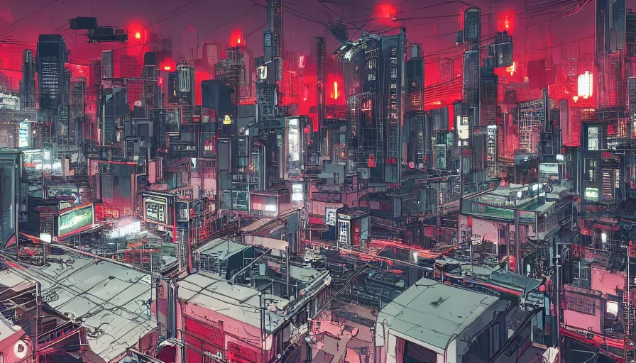 Image similar to Concept Art of neo-Tokyo Maximum Security Mint Bank, in the Style of Akira, Anime, Dystopian, Cyberpunk, Red Building, Helipad, Swat Security, Crypto Valut, Helicopter Drones, 19XX
