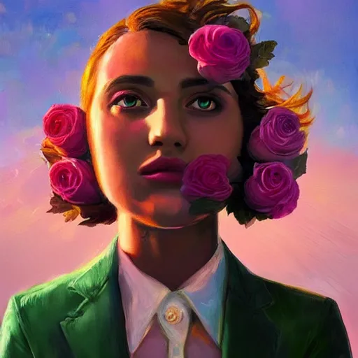 Image similar to closeup, huge rose flower face, frontal, girl in a suit, surreal photography, sunrise, dramatic light, impressionist painting, digital painting, artstation, simon stalenhag