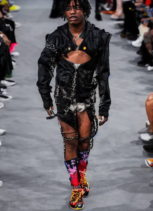 Image similar to hyperrealistic and heavy detailed balenciaga runway show of lil uzi vert, leica sl 2 5 0 mm, vivid color, high quality, high textured, real life