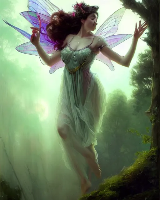 Image similar to a portrait of beautiful fairy goddness fly high in the night, d & d, fantasy, mist, full moon in background, trees, hyper detailed,, midium shot, an oil painting by ruan jia, trending on artstation, concept art, sharp focus, illustration, gaston bussiere, craig mullins, j. c. leyendecker, beautiful lighting