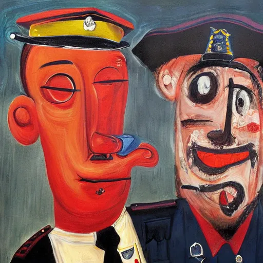 Prompt: a painting of a cop putting down a man by george condo