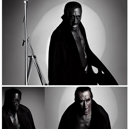 Image similar to Photoshoot of Wesley Snipes as Blade and Christopher Lee as Dracula in the Style of Annie Leibovitz, Studio Lighting