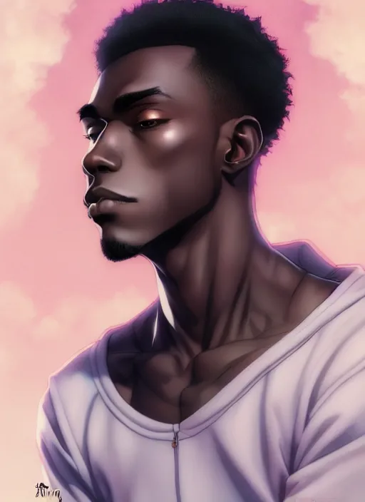 Image similar to handsome hip hop young black man, model pose, confident, manga style, scenery wallpaper aesthetic, pastel colors, symmetrical face, cinematic, dramatic, super detailed and intricate, hyper realistic, 4 k render, by artgerm, by kyoung hwan kim, by ralph mcquarrie, by yoshiyuki tomino