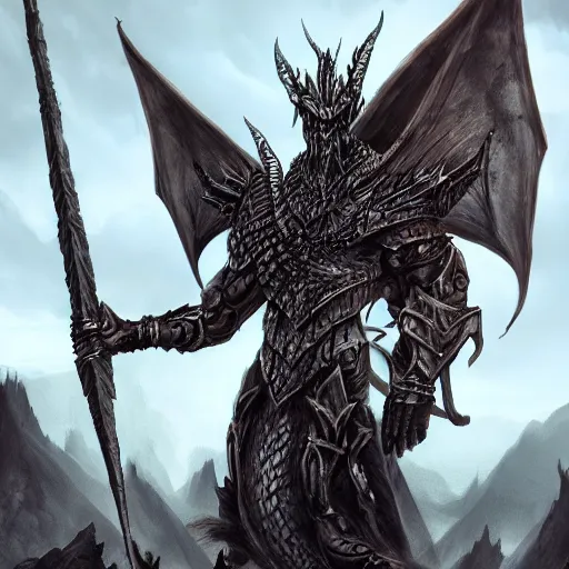 Prompt: dark fantasy concept of dragon kin god, with dark steel and dragon scale armor on a mountain, cinematic, dynamic lighting, photorealistic, ultra detailed, trending on art station, stunning visuals, creative, hyper detailed