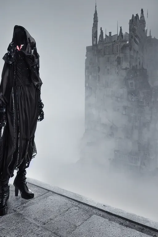 Image similar to avant garde techwear look and clothes, we can see them from feet to head, highly detailed and intricate, hypermaximalist, dystopian castle background, eerie fog, luxury, Rick Owens, Errolson Hugh, Yohji Yamamoto, Chrome Hearts, cinematic outfit photo