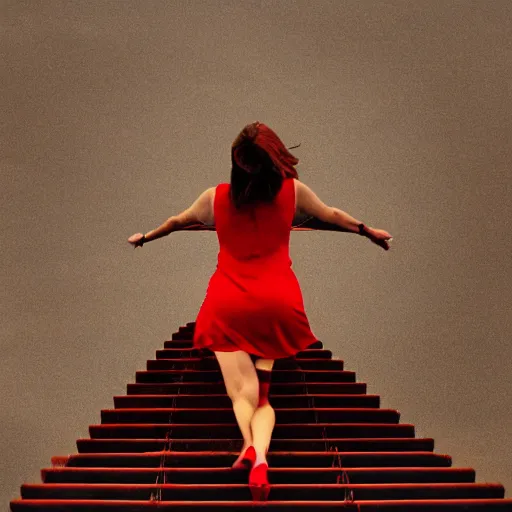 Image similar to a girl in a red dress climbing'' infinite stairs to heaven'' top view, sunset light, cinematic image, hyperrealistic, low iso, 4 k