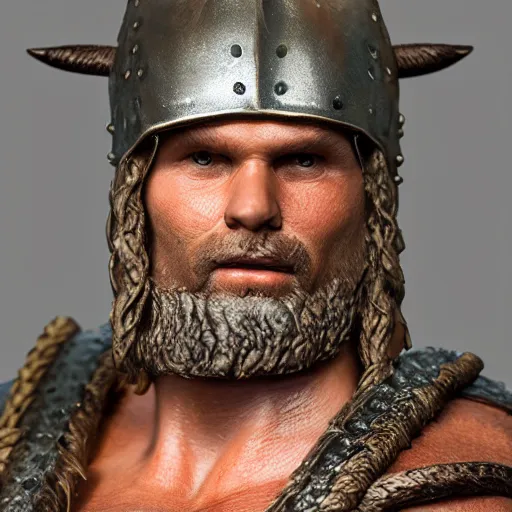 Image similar to of a 3d clay model of a viking from valhalla, wearing the horned helmet ultra fine detail, hair strands, ultra high resolution, fine texture detail, miniature painting techniques, perfect proportions, marvel cinematic universe, eric bana