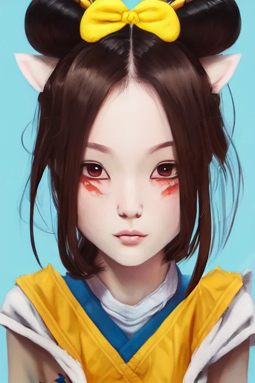 Prompt: girl with brown hair, short horns, long animal ears, a yellow t - shirt and blue overalls, geisha art portrait, illustration by ross tran, bo chen, toni infante, rebecca oborn, michael whelan, trending on artstation cgsociety hq