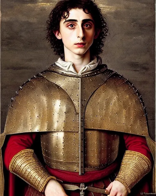 Prompt: timothee chalamet medieval portrait, armored priest, delicate detailed medieval portrait in the style of eugene de blaas, perfect face