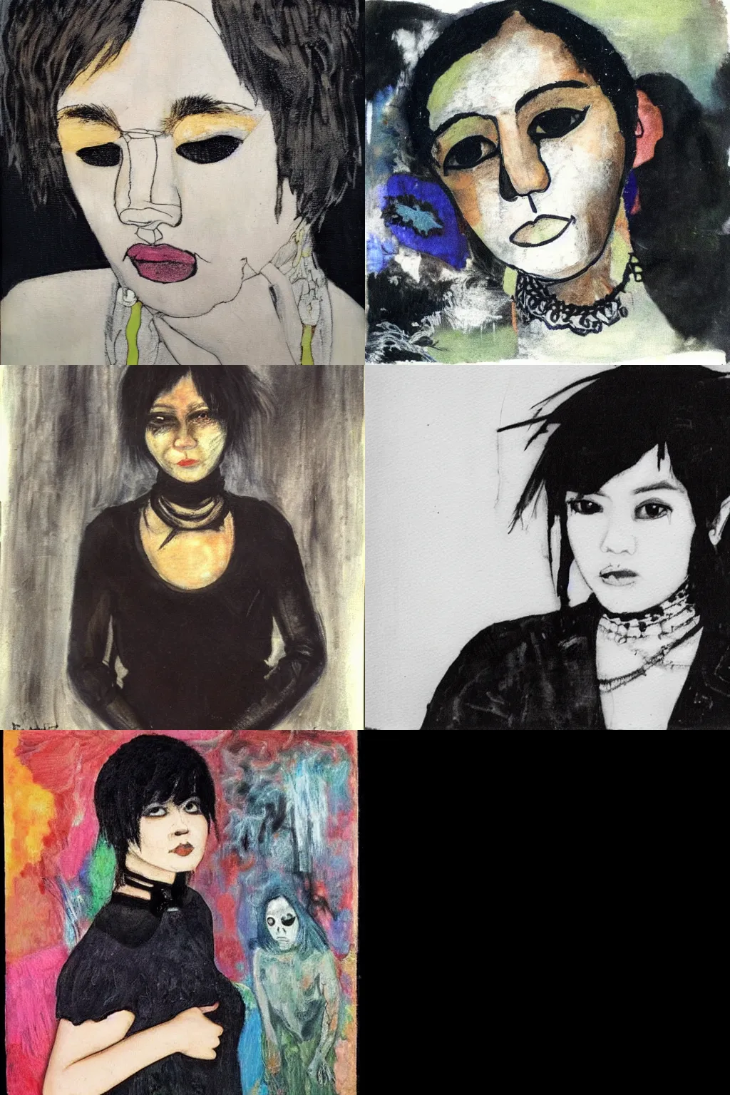 Prompt: an emo portrait by affandi. her hair is dark brown and cut into a short, messy pixie cut. she has a slightly rounded face, with a pointed chin, large entirely - black eyes, and a small nose. she is wearing a black tank top, a black leather jacket, a black knee - length skirt, and a black choker..