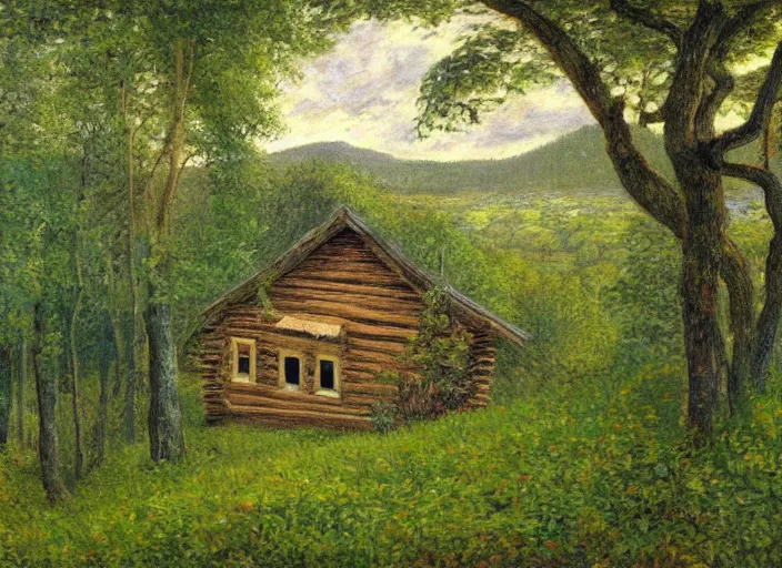 Prompt: impressionistic painting of log cabin on a hill in the woods, the cabin is overgrown with lush vines and moss, painted by johfra bosschart, featured on artstation, plein air, artstation hd, painterly