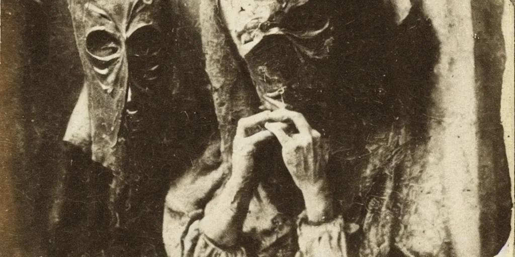 Image similar to hermit wearing a scary mask, 1900s picture