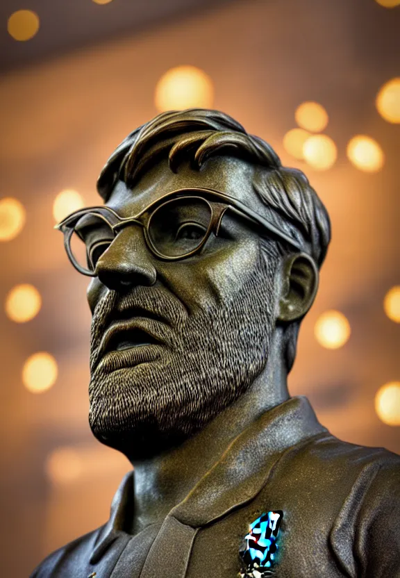 Prompt: bronze statue of Jurgen Klopp, Liverpool football club, movie still, cinematic lighting, dramatic, octane render, long lens, shallow depth of field, bokeh, anamorphic lens flare, 8k, hyper detailed, 35mm film grain