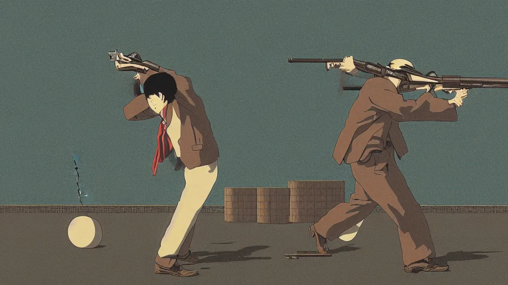Image similar to I threw heavy objects down to kill the man, while he shot at me. I found a revolver but there were no bullets , screen print by Kawase Hasui and jeffrey smith, rendered in octane render 32k