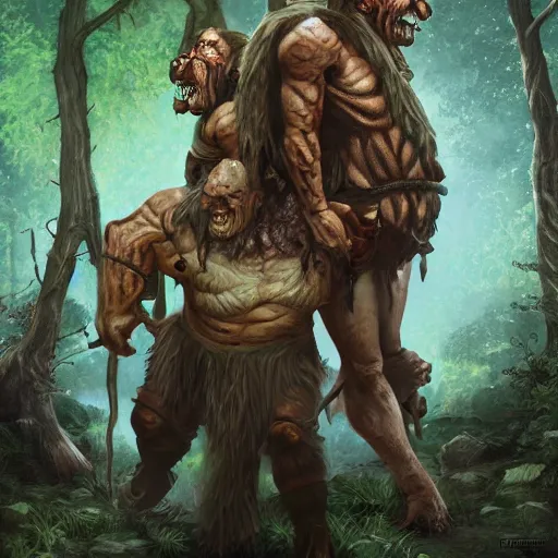 Prompt: a two - headed ettin from dnd in a dark forest, digital art, high quality render, artstation