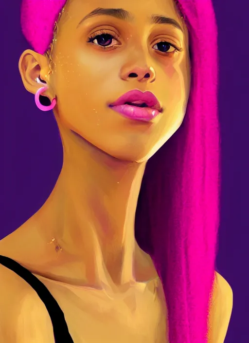 Image similar to portrait of teenage vanessa morgan with bright pink hair, black girl, curly pixie cut hair, wearing a purple breton cap, breton cap, hoop earrings, intricate, elegant, glowing lights, highly detailed, digital painting, artstation, concept art, smooth, sharp focus, illustration, art by wlop, mars ravelo and greg rutkowski