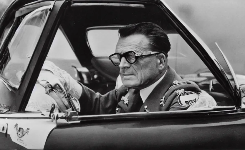 Prompt: 60s movie still of Josip Broz Tito in his car with his general's cap, by Irving Penn , Cinestill 800t 120mm, heavy grainy picture, very detailed, high quality, 4k, HD criterion, precise texture