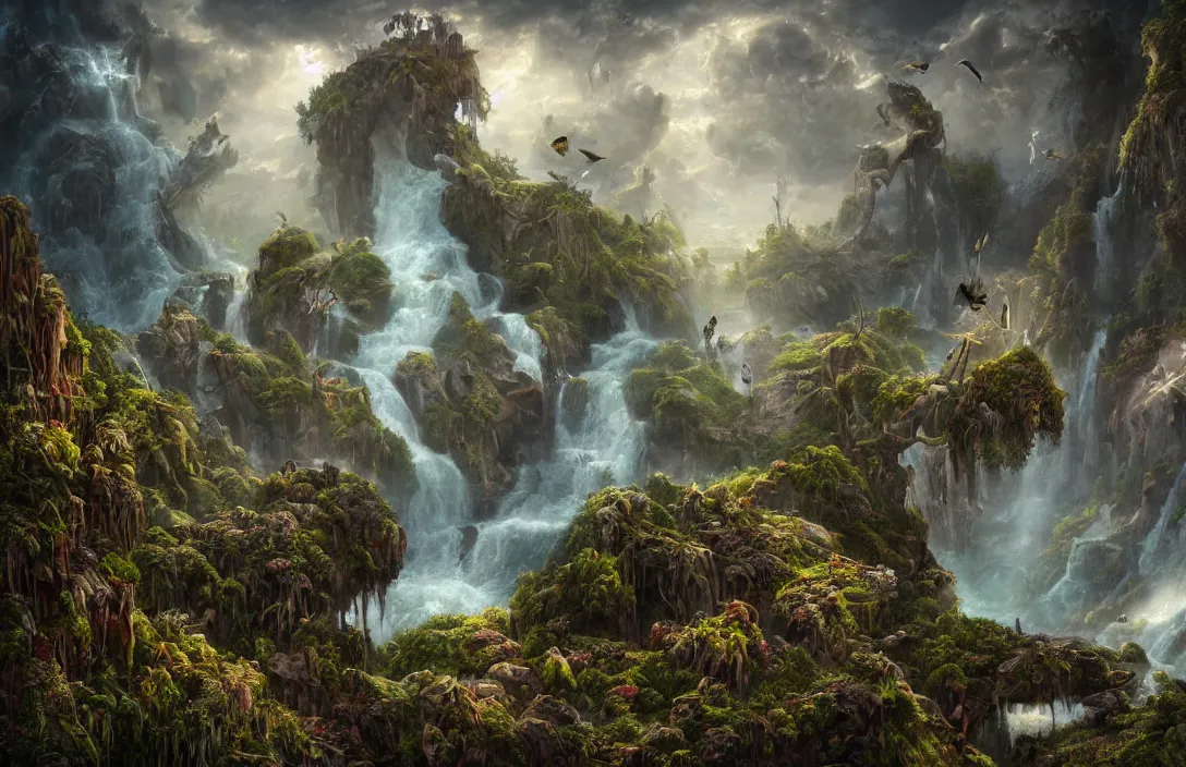 Prompt: a hymn of beautiful mysthic landscape and a huge skull overgrown, in the style of dylan cole, martin dechambault, detailed dreamscape, hyperreal phantastic, intricate details in environment, golden ratio, high aestehtic, waterfalls and lakes, cinematic light dramatic light, lightrays, flying birds in distance, trending on artstation