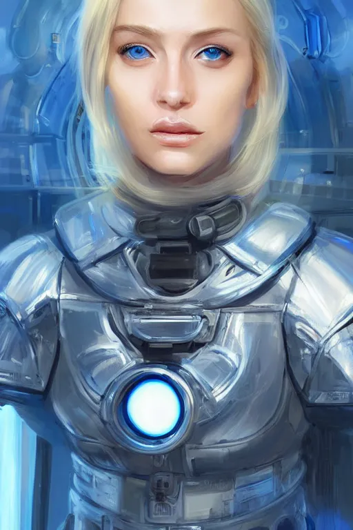 Image similar to portrait futuristic beautiful northern europe Airforce armored pilot Girl, blonde hair, blue eyes, at inside of future fighter aircraft, ssci-fi, fantasy, intricate, very very beautiful, elegant, human anatomy, neon light, highly detailed, digital painting, artstation, concept art, soft light, smooth, sharp focus, illustration, art by tian zi and WLOP and alphonse mucha