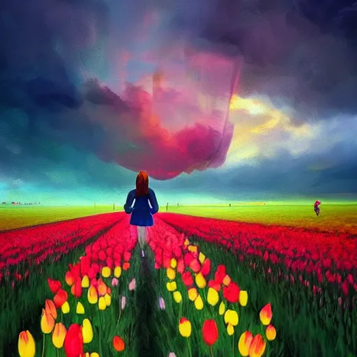 Prompt: large tulip as a head, girl walking in a flower field, surreal photography, sunrise dramatic light, impressionist painting, colorful clouds, digital painting, artstation, simon stalenhag