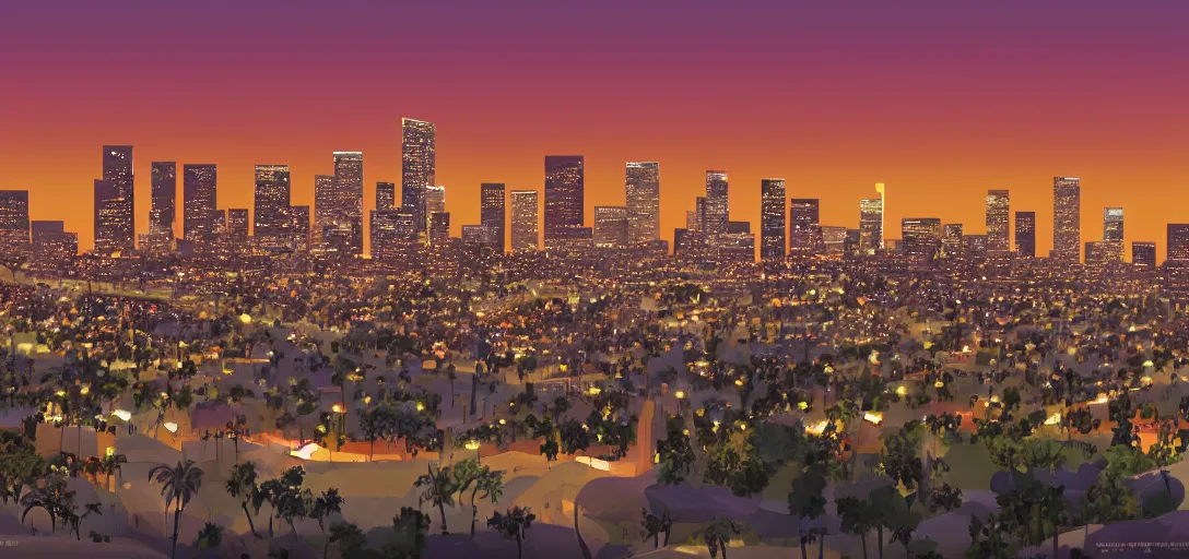 Image similar to visual development of los angeles skyline cityscape at dusk by lou romano, pixar disney dreamworks sony animation