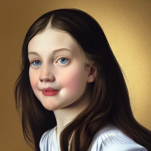 Image similar to full body portrait of a girl with blue eyes, gentle round face, with a bright smile, long dark hair, highly detailed, deep focus, elegant, digital painting, smooth, sharp focus, golden ratio, illustration, ultra realistic, 8 k, art by artemisia lomi gentileschi and caravaggio