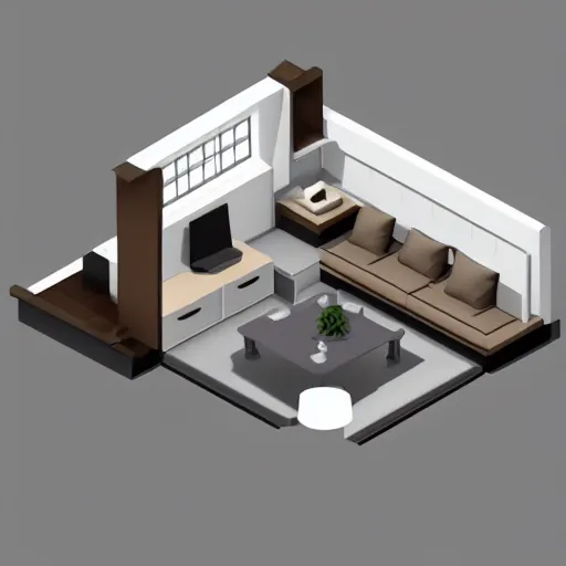 Image similar to 3d render of a corner section of a room, isometric, white background, couch and windows