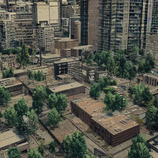 Image similar to a world fallen by disease, seattle completely wasted away, nature taken over and grow over buildings, high quality photorealism, cinematic, epic, Deviantart, Octane render