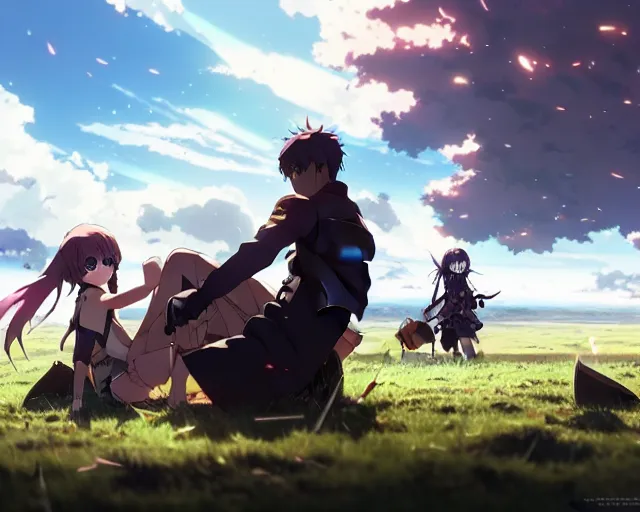 Prompt: the aftermath of a battle in a field anime key visual, official media, illustrated by wlop, extremely detailed, 8 k, trending on pixiv, cinematic lighting, beautiful