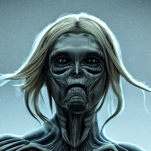 Image similar to beautiful blond xenomorph girl with human face in the style of giger, ground fog, moody lighting, 8 k, lightning, shallow depth of field, cinematic lighting,
