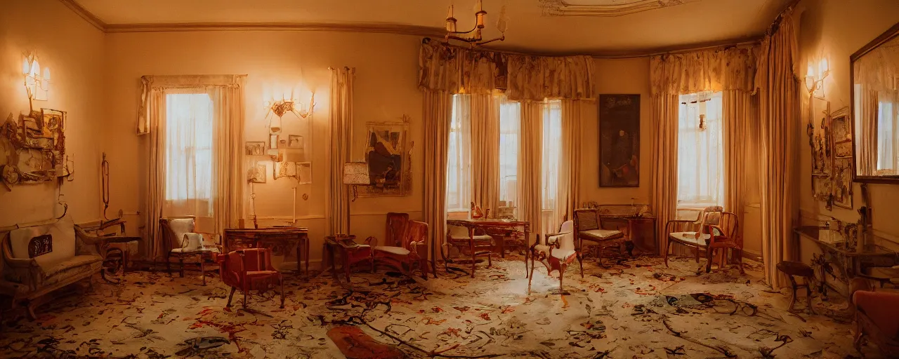 Image similar to wes anderson style interior, vermeer lighting, imax 4 0 mm anamorphic lens, kodak vision 3 2 0 0 t 5 2 1 3