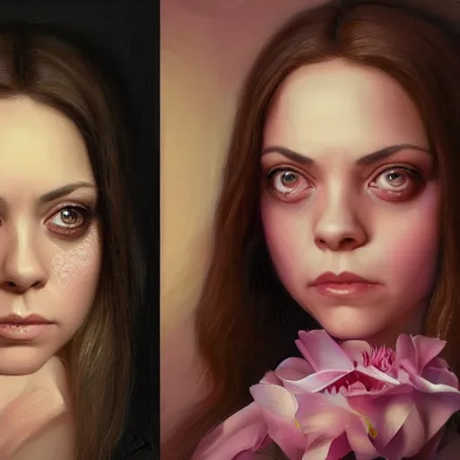 Image similar to pink petals with a a wonderful aubrey plaza and christina ricci mixed with mona lisa, intricate, elegant, highly detailed, wonderful eyes, sweet, digital painting, artstation, concept art, smooth, sharp focus, illustration, art by artgerm and greg rutkowski and concept art, rectilinear vaporwave