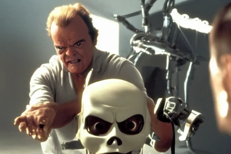 Image similar to Jack Nicholson plays Terminator Pikachu hybrid, scene where his endoskeleton gets exposed, still from the film