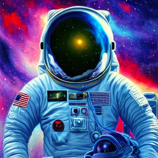 Image similar to astronaut standing infront of a nebula, illustration painting, oil on canvas, intricate, portrait, detailed illustration, hd, digital art, overdetailed art, concept art, complementing colors, detailed, illustration painting by alex gray, digital art, overdetailed art, concept art, complementing colors rendered by beeple, syd meade