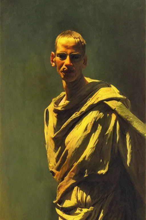 Image similar to a close portrait of a mantis wearing a toga in ancient rome. masterpiece, dramatic light and shadow, saturated colors, ciaroscuro. painted by anders zorn