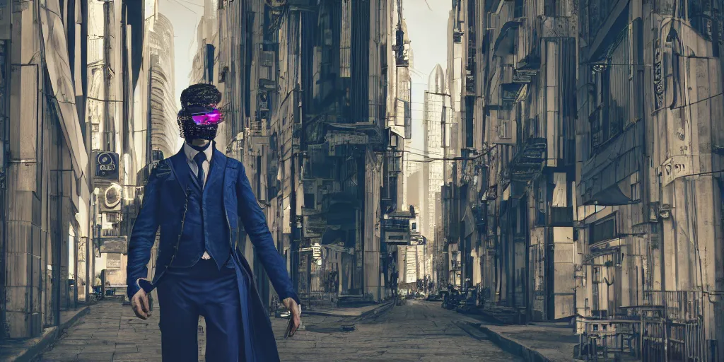 Image similar to man dressed in the directoire style in a cyberpunk city, photograph, cinematic, top down camera, rgb,