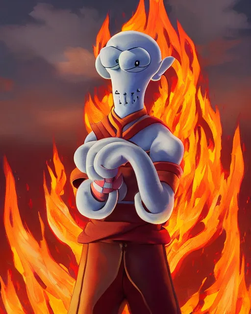 Image similar to squidward wearing fire nation clothing and practicing firebendingoutside at susnset, oil painting, highly detailed, intricate, hd, sharp focus, photorealistic, by moebius and greg rutkowski, trending on artstation, trending on cgsociety, realistic shading and lighting