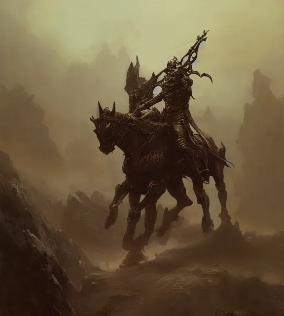 Prompt: golden cavalry concept, beksinski, age of sigma art, frank franzetta, ruan jia, dark soul armor concept, trending on artstation, wayne barlowe, adrian smith fantasy art, elden ring art, the hobbit art, lord of the ring art, infinity blade armor