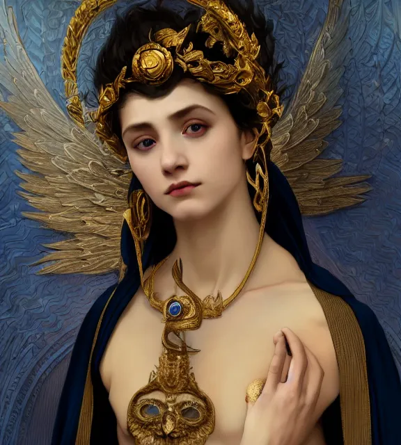 Image similar to god of death, young male, in the underworld, elegant dark blue dress, very detailed, throne, very intricate details, jewelry, gold eyeshadow, elaborate long black hairstyle, wings, cinematic, artstation, william bouguereau, alphonse mucha, greg rutkowski, rossdraws, octane render, no hands