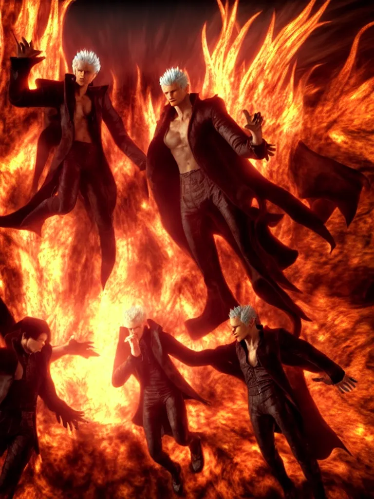 Prompt: hyperrealistic dante and vergil in hell, golden light