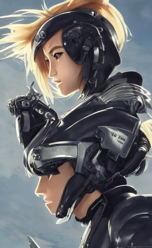 Image similar to side portrait of mechanized valkyrie, anime style, leather jacket, ace pilot, blonde hair, hair down, symmetrical facial features, from arknights, hyper realistic, 4 k, rule of thirds, extreme detail, detailed drawing, safebooru, hd, d & d, realistic lighting, by alphonse mucha, greg rutkowski, backlit