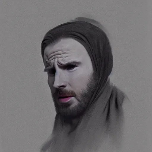 Image similar to chris evans!!!!!! wearing a babushka scarf, charcoal painting by zdzisław beksinski, trending on cgsociety, remodernism, matte drawing, zbrush, hyper realism