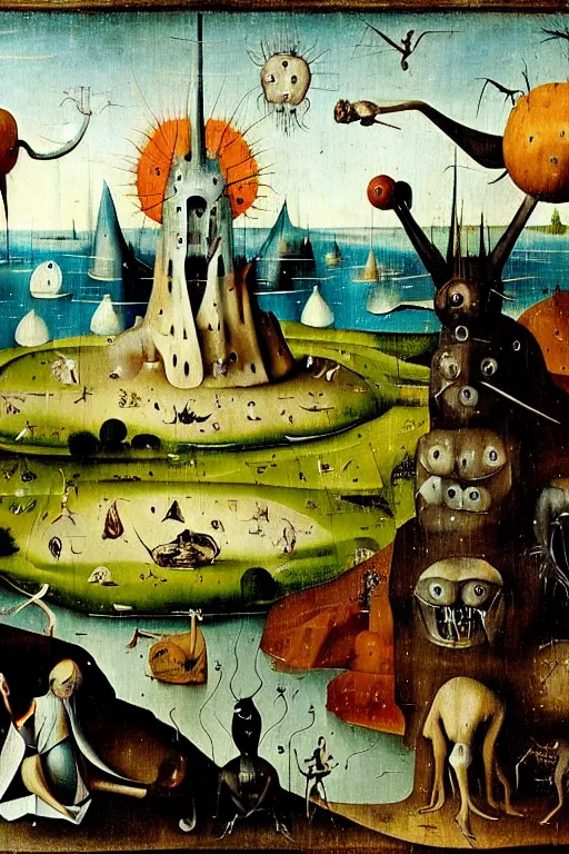 Image similar to a beautiful landscape with weird creatures by hieronymus bosch and dali