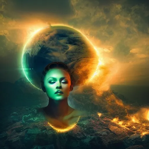 Image similar to a goddess, sci - fi aesthetics, on fire, photoshop, colossal, creative and cool, giant, digital art, photo manipulation, planets, earth, outer space, smoke, destruction