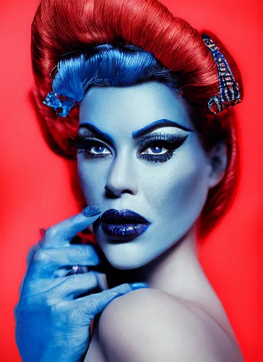 Prompt: zeiss lens photograph by annie leibowitz only with blue drag queen portrait chiaroscuro intricate composition blue l insanely quality highly detailed masterpiece red light
