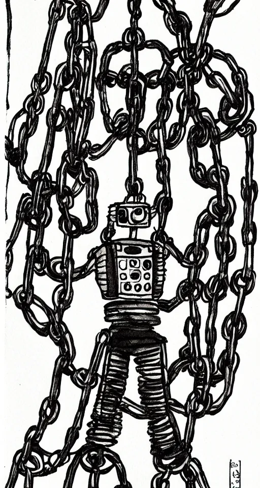 Prompt: a robot hanging by chains upside down peacefully, beautiful ink painting inspired by the hanged man tarot card, sharp lines